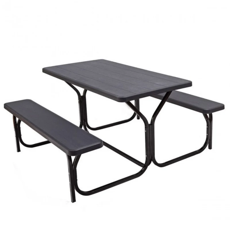 All-Weather Metal Outdoor Picnic Table Bench Set with Metal Base Wood
