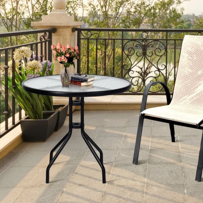 32 in. Patio Metal Round Outdoor Dining Table with Umbrella Hole and Tempered Glass