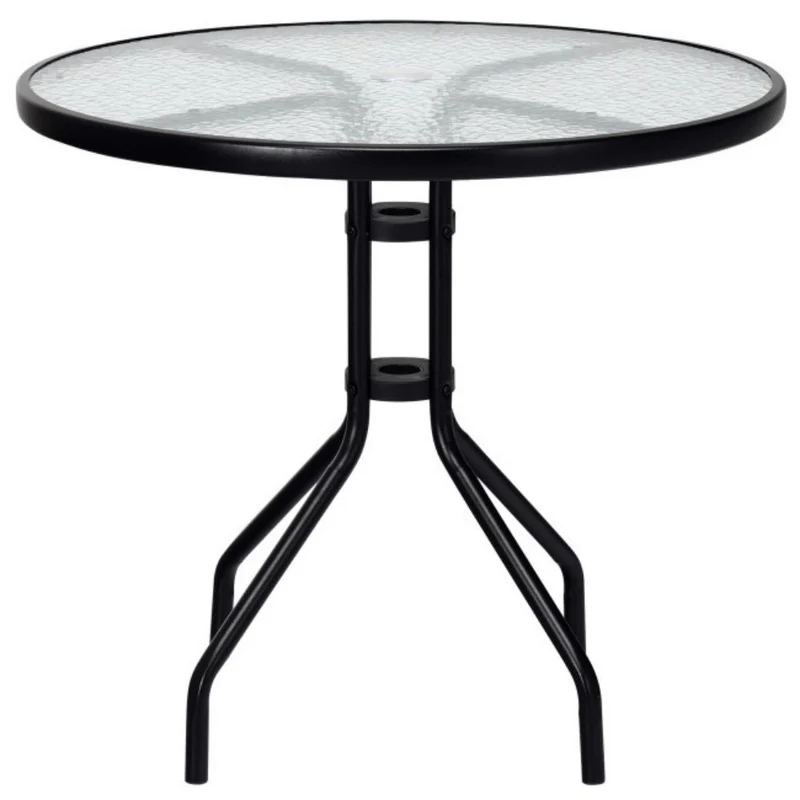 32 in. Patio Metal Round Outdoor Dining Table with Umbrella Hole and Tempered Glass