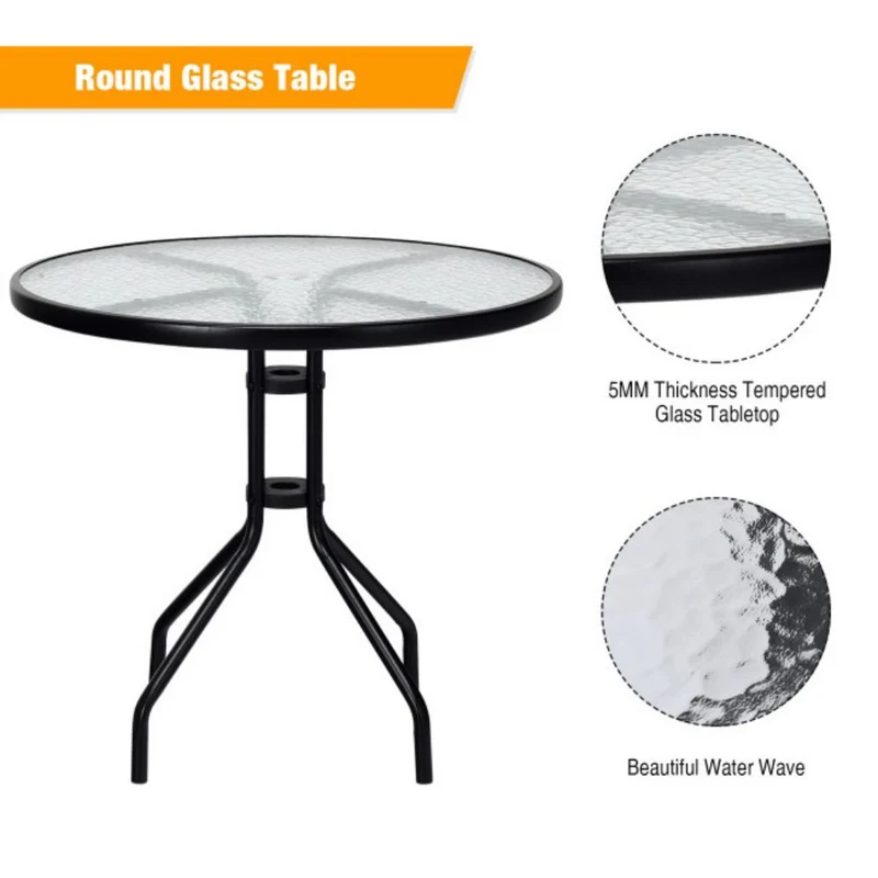 32 in. Patio Metal Round Outdoor Dining Table with Umbrella Hole and Tempered Glass