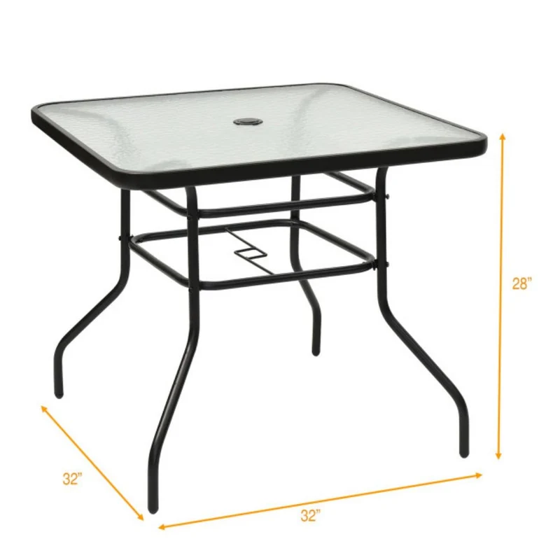 32 in. Patio Metal Square Outdoor Dining Table with Umbrella Hole and Tempered Glass