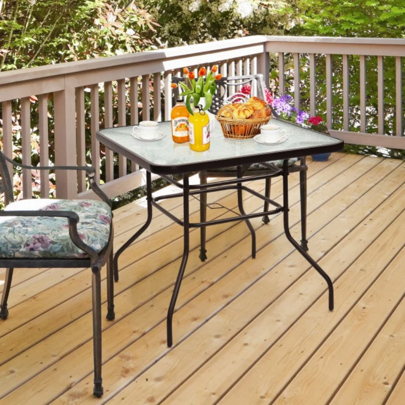 32 in. Patio Metal Square Outdoor Dining Table with Umbrella Hole and Tempered Glass