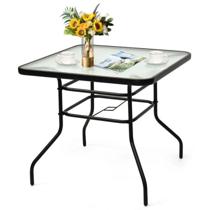 32 in. Patio Metal Square Outdoor Dining Table with Umbrella Hole and Tempered Glass