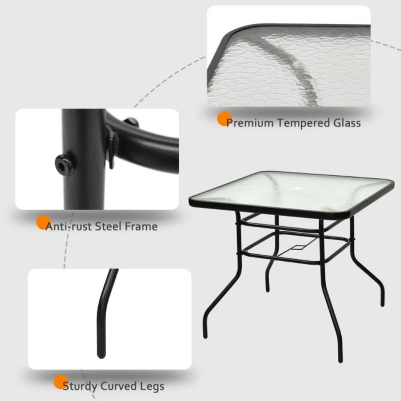 32 in. Patio Metal Square Outdoor Dining Table with Umbrella Hole and Tempered Glass