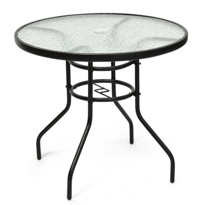 32 in. Patio Metal Round Outdoor Dining Table with Umbrella Hole and Tempered Glass