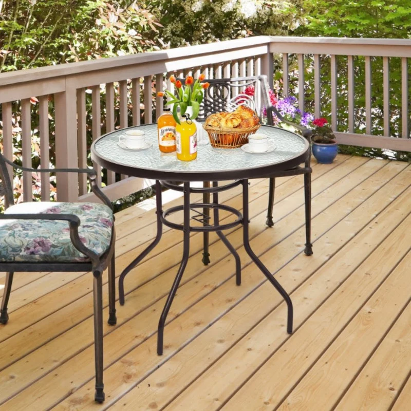 32 in. Patio Metal Round Outdoor Dining Table with Umbrella Hole and Tempered Glass