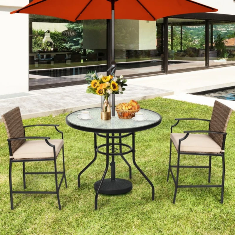32 in. Patio Metal Round Outdoor Dining Table with Umbrella Hole and Tempered Glass