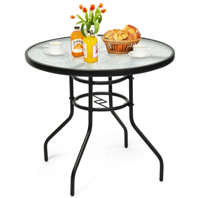 32 in. Patio Metal Round Outdoor Dining Table with Umbrella Hole and Tempered Glass