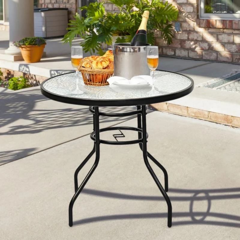 32 in. Patio Metal Round Outdoor Dining Table with Umbrella Hole and Tempered Glass