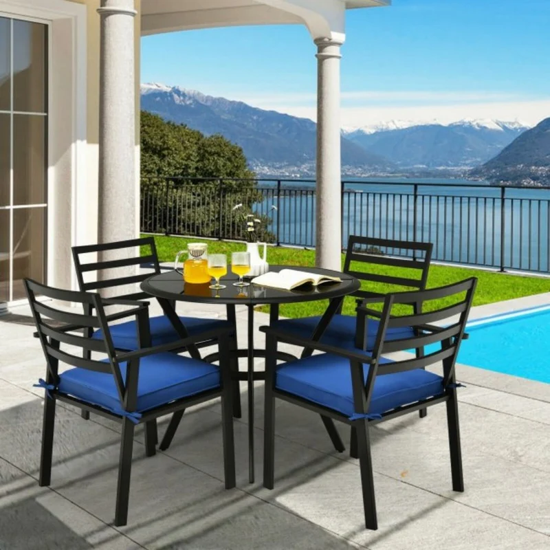 5-Piece Metal Outdoor Dining Chair Table Set with Blue Cushions