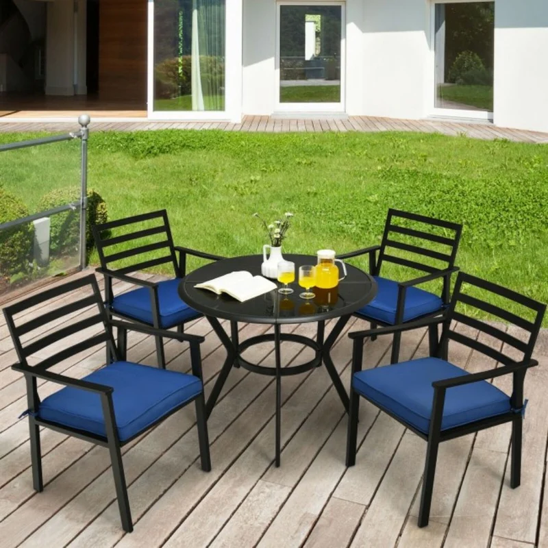 5-Piece Metal Outdoor Dining Chair Table Set with Blue Cushions