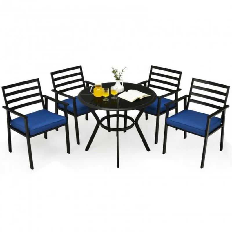 5-Piece Metal Outdoor Dining Chair Table Set with Blue Cushions