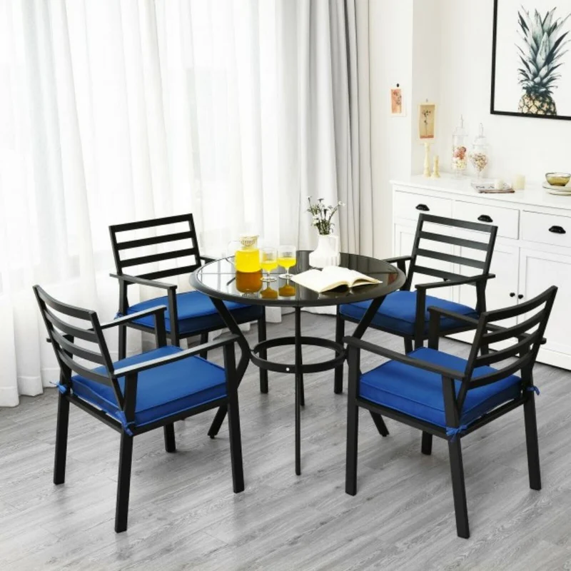 5-Piece Metal Outdoor Dining Chair Table Set with Blue Cushions