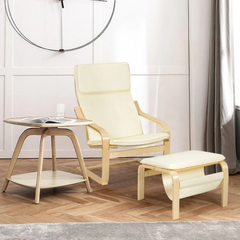 Wooden Outdoor Lounge Chair and Ottoman with White Cushion