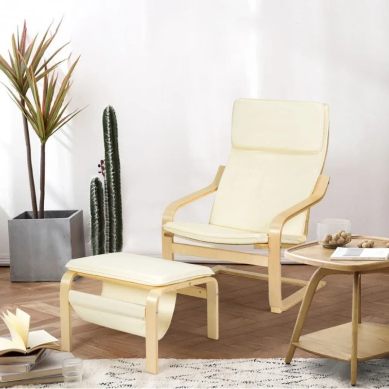 Wooden Outdoor Lounge Chair and Ottoman with White Cushion