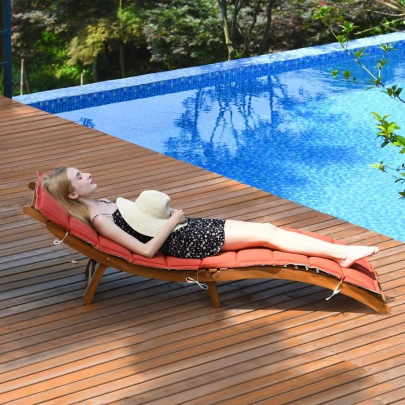 Folding Wood Outdoor Patio Lounge Chair with Red/White Cushion