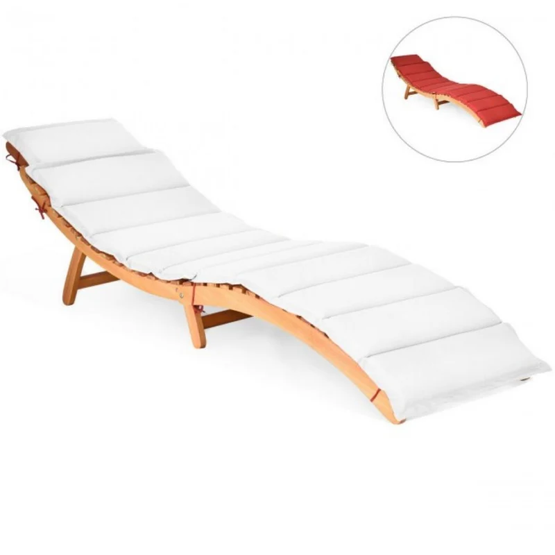 Folding Wood Outdoor Patio Lounge Chair with Red/White Cushion