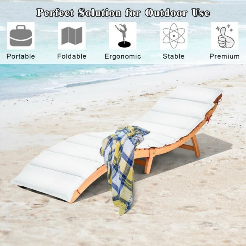Folding Wood Outdoor Patio Lounge Chair with Red/White Cushion