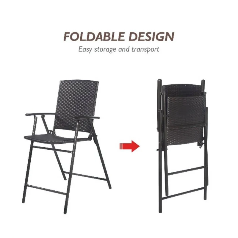 Folding Rattan Wicker Outdoor Bar Stool Chair with Footrests and Armrests for Outdoors and Indoors (4-Pack)