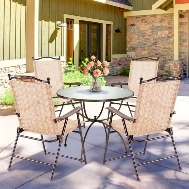 Beige Steel Folding Sling Outdoor Dining Chair (Set of 2)