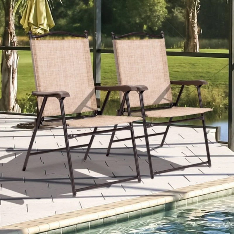 Beige Steel Folding Sling Outdoor Dining Chair (Set of 2)