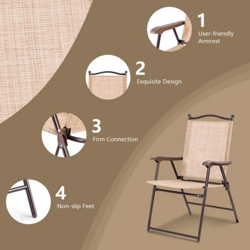 Beige Steel Folding Sling Outdoor Dining Chair (Set of 2)