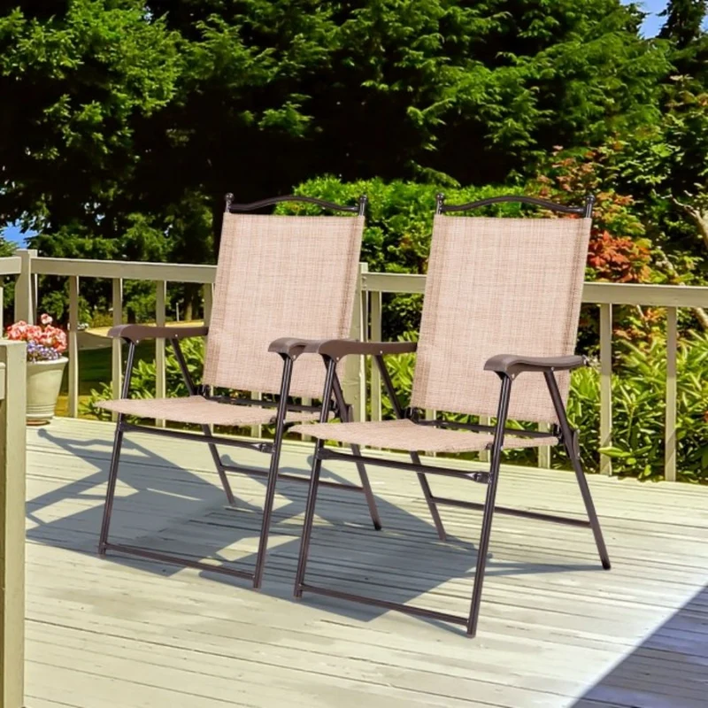 Beige Steel Folding Sling Outdoor Dining Chair (Set of 2)