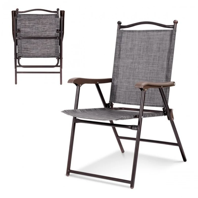Gray Steel Folding Sling Outdoor Dining Chair (Set of 2)