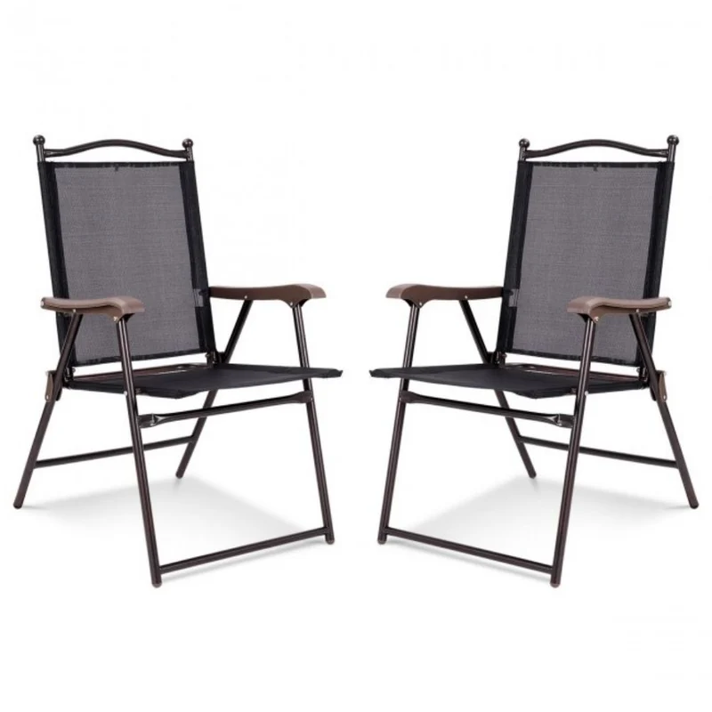 Black Steel Folding Sling Outdoor Dining Chair (Set of 2)