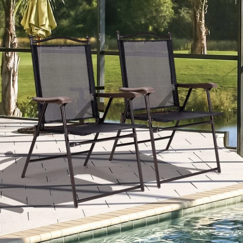 Black Steel Folding Sling Outdoor Dining Chair (Set of 2)