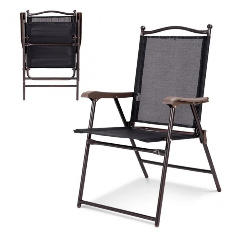 Black Steel Folding Sling Outdoor Dining Chair (Set of 2)