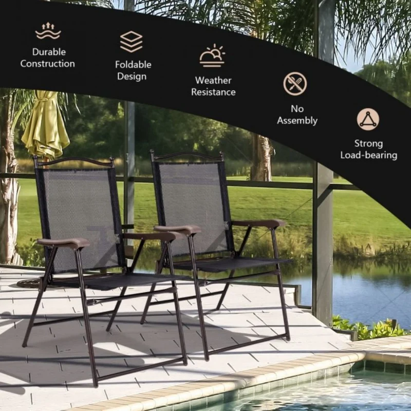 Black Steel Folding Sling Outdoor Dining Chair (Set of 2)
