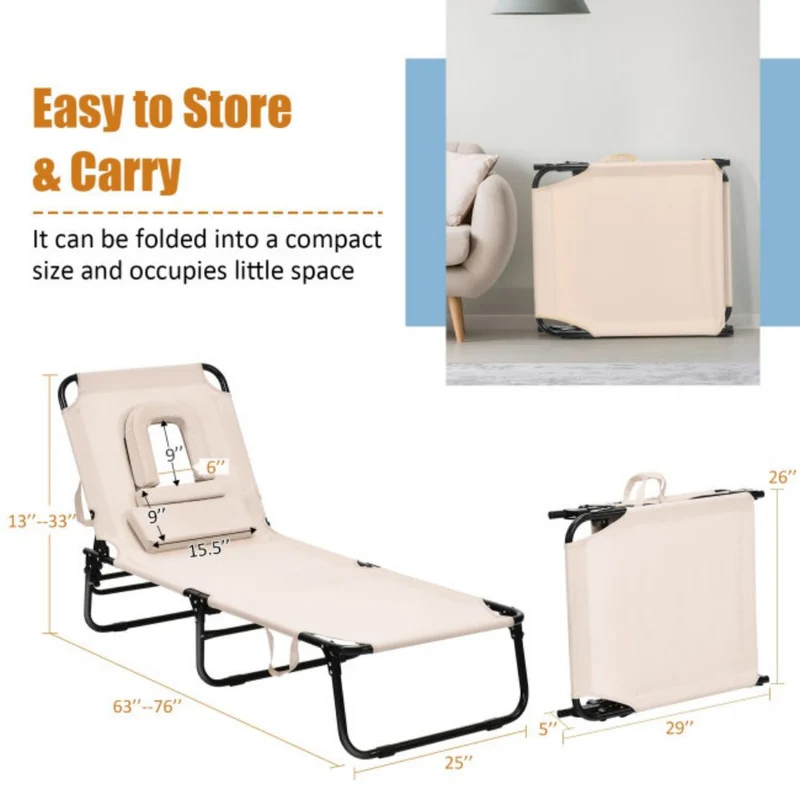 Beige 1-Piece Metal Folding Outdoor Chaise Lounge Chair with Adjustable Back