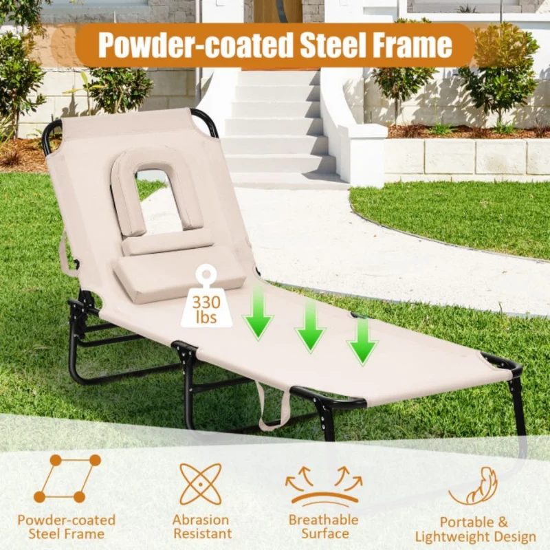 Beige 1-Piece Metal Folding Outdoor Chaise Lounge Chair with Adjustable Back