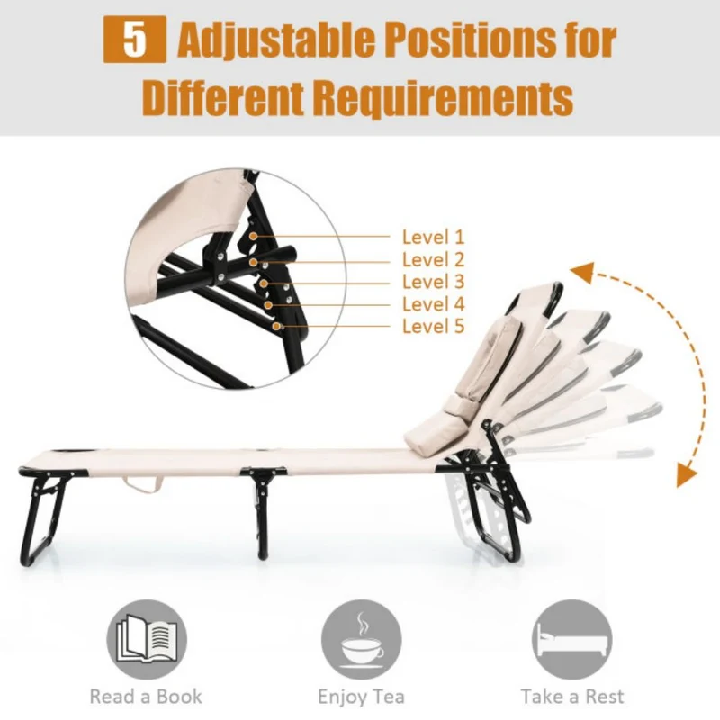 Beige 1-Piece Metal Folding Outdoor Chaise Lounge Chair with Adjustable Back