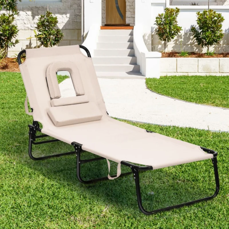 Beige 1-Piece Metal Folding Outdoor Chaise Lounge Chair with Adjustable Back