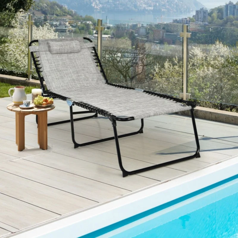 4-Position Fabric Folding Outdoor Lounge Chaise with Adjustable Backrest