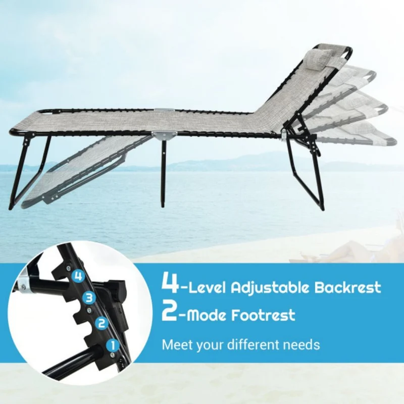 4-Position Fabric Folding Outdoor Lounge Chaise with Adjustable Backrest