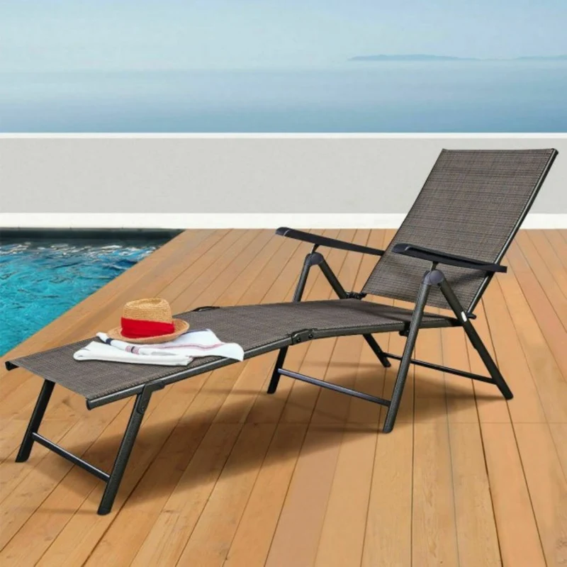 Metal Outdoor Chaise Recliner with Arms and Adjustable Backrest Folding Chairs (2-Packs)