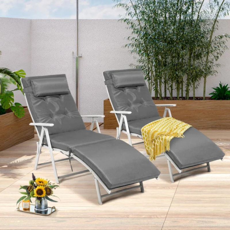 Metal Outdoor Folding Chaise Lounge with Gray Cushions