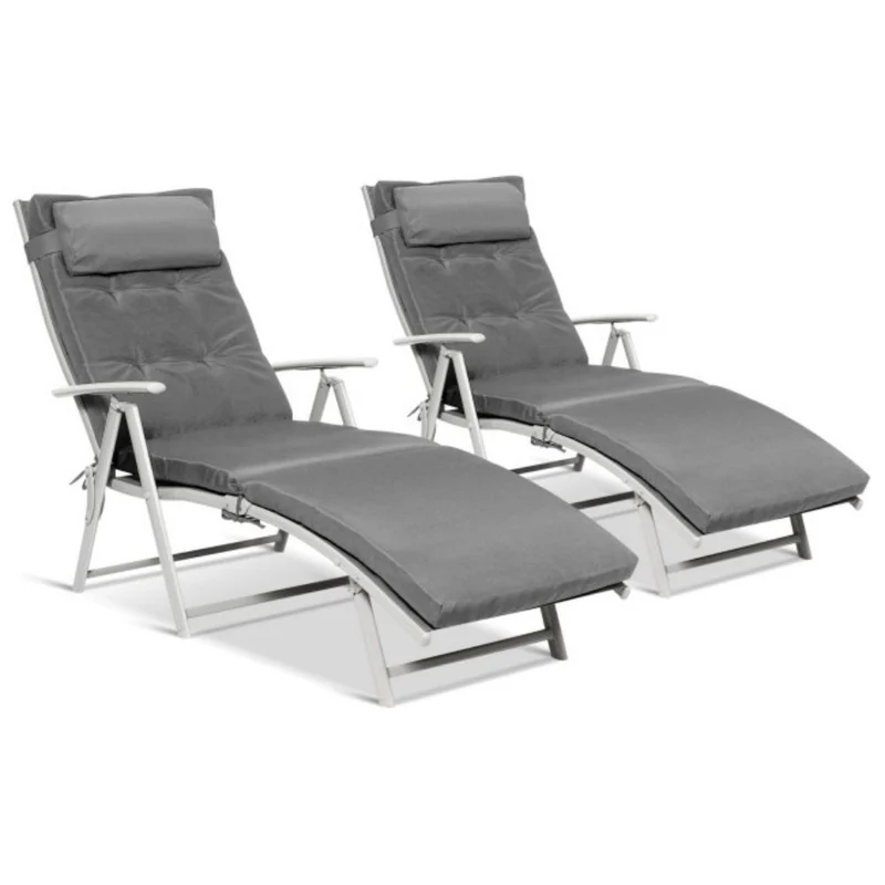 Metal Outdoor Folding Chaise Lounge with Gray Cushions
