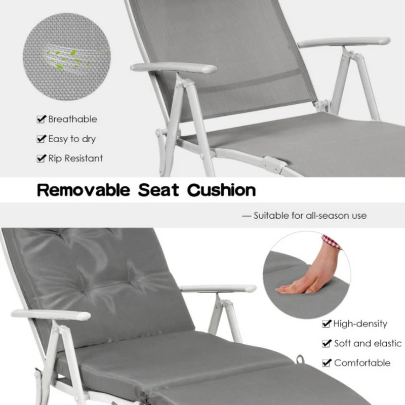 Metal Outdoor Folding Chaise Lounge with Gray Cushions