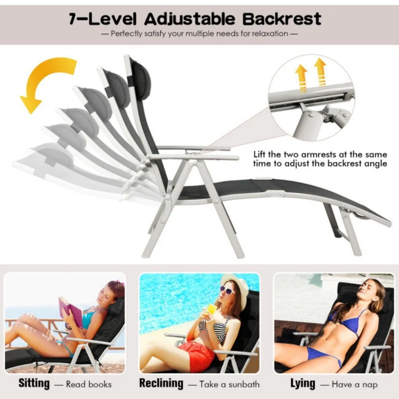 Metal Outdoor Folding Chaise Lounge with Black Cushions
