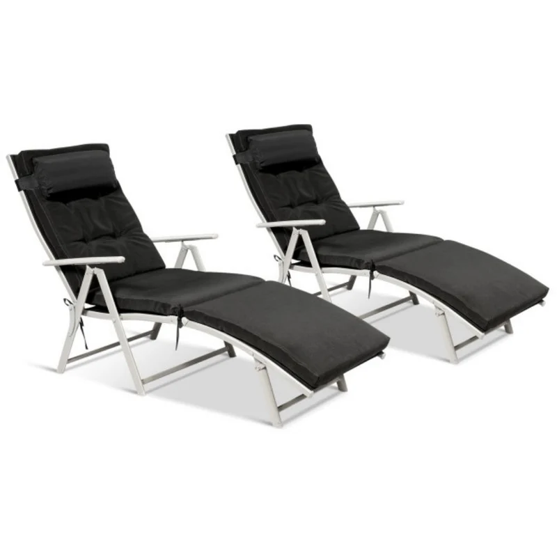 Metal Outdoor Folding Chaise Lounge with Black Cushions