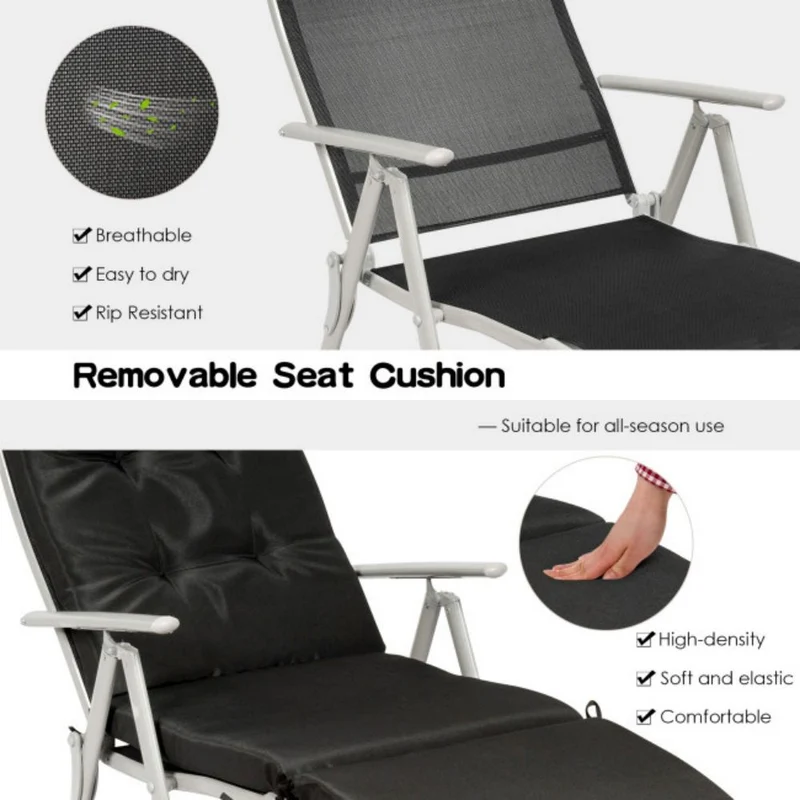 Metal Outdoor Folding Chaise Lounge with Black Cushions