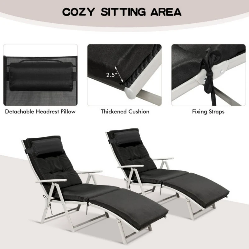 Metal Outdoor Folding Chaise Lounge with Black Cushions
