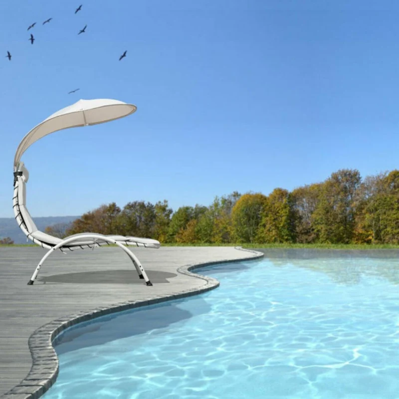Metal Outdoor Canopy Chaise Lounge Chair with Beige Canopy and Cushion