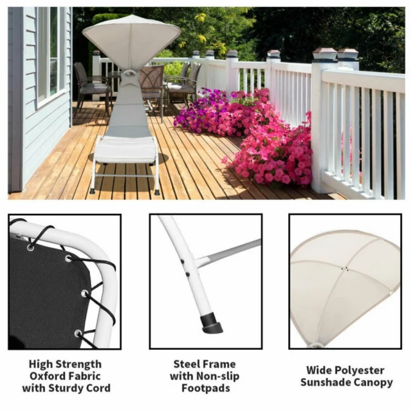 Metal Outdoor Canopy Chaise Lounge Chair with Beige Canopy and Cushion