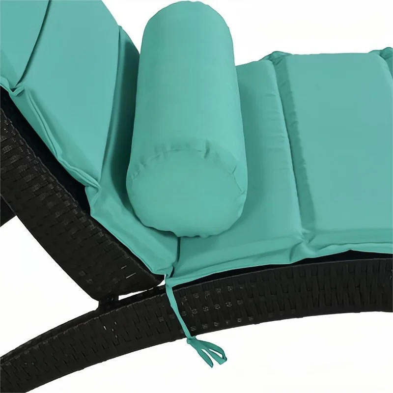 Black Wicker Outdoor Patio Sun Foldable Chaise Lounger with Turquoise Removable Cushion and Pillow