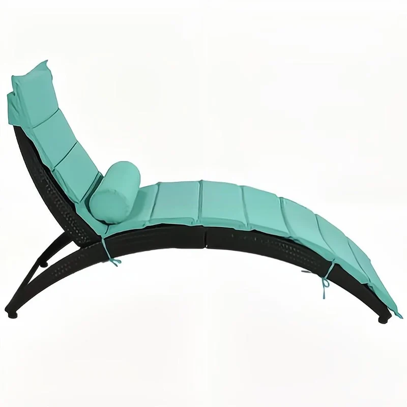 Black Wicker Outdoor Patio Sun Foldable Chaise Lounger with Turquoise Removable Cushion and Pillow
